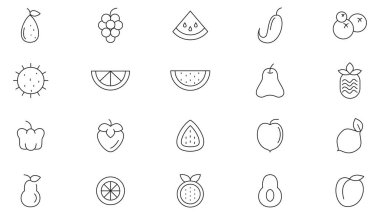 Meyve ve böğürtlen koleksiyonu. Portakal, muz, karpuz, elma, yabanmersini, ananas, pomelo, kivi şeftalisi, incirli kivi taze meyve ikonu paketi. İnce özet simgeleri