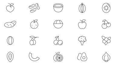 Meyve ve böğürtlen koleksiyonu. Portakal, muz, karpuz, elma, yabanmersini, ananas, pomelo, kivi şeftalisi, incirli kivi taze meyve ikonu paketi. İnce özet simgeleri