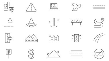 Yol çizgisi simgesi ayarlandı. Yol yolu, patika, yol işareti, yolculuk, pusula, dünya, ülke, coğrafya, turizm, sokak, ulaşım, yön, sürüş, yaya geçidi ikonu seti. İnce satır simgesi kullan.