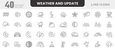 Hava ve Güncelleme satır simgesi seti. Hava, yağmur, kar taneleri, fırtına, güncelleme, güneşli, bulutlu, rüzgar, gün ışığı, gece, sıcaklık, güneş, ay çizgisi ikonu. İnce satır simgesi kullan.