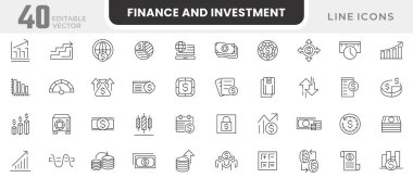 Finans ve Yatırım çizgisi simgesi seti. Muhasebeci, mali hesaplama, denetim ve analiz, risk, tasarruf, gelir, giderler, nakit, bankacılık, yatırımlar, ekonomi çizgisi simgesi seti. İnce satır simgesi kullan.