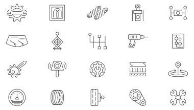 Otomobil servisi ve araba hattı simgesi ayarlandı. Araba, otomobil, yıkama, dükkan, yağ, bakım, motor, teşhis, onarım, servis, yedek parça, bakım hattı simgesi seti. İnce satır simgesi kullan.