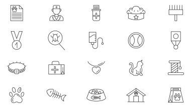 Veteriner ve Hayvan Bakımı çizgi ikonu seti. Evcil hayvan, veteriner, hayvan bakıcısı, köpek bakıcısı, eğitim, kedi, ilaç, hastane, hayvanlar, köpek kulübesi. Aşı çizgisi simgesi hazır. İnce satır simgesi kullan.