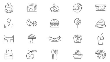 Restoran ve Gıda Hattı ikonu seti. Yemek, balık, tavuk, kaşık, pasta, meyve, burger, çörek, meyve suyu, su, masa, müşteri hattı ikonu seti. İnce satır simgesi kullan.