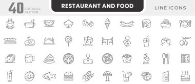 Restoran ve Gıda Hattı ikonu seti. Yemek, balık, tavuk, kaşık, pasta, meyve, burger, çörek, meyve suyu, su, masa, müşteri hattı ikonu seti. İnce satır simgesi kullan.