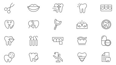 Diş hekimi çizgisi simgesi seti. Diş, dişçi, diş macunu, diş fırçası, diş fırçası, implant, çukur, hijyen, sağlık, tabela, diş teli ve çizgi ikonu seti. İnce satır simgesi kullan.