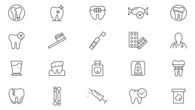 Diş hekimi çizgisi simgesi seti. Diş, dişçi, diş macunu, diş fırçası, diş fırçası, implant, çukur, hijyen, sağlık, tabela, diş teli ve çizgi ikonu seti. İnce satır simgesi kullan.
