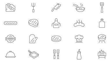 Barbekü ve Izgara hattı ikonu seti. Barbekü, piknik, kamp, et, biftek, yemek, doğa, yürüyüş, sosis, et, gaz, ızgara, yemek hattı ikonu seti. İnce satır simgesi kullan.