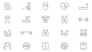 Spor salonu ve spor salonu ikonu seti. Fiziksel aktivite türleri, düzgün beslenme, sağIık, akıl sağlığı, sağlık, kozmetik, koşu bandı, halter çizgisi ikonu seti. İnce satır simgesi kullan.