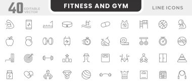 Spor salonu ve spor salonu ikonu seti. Fiziksel aktivite türleri, düzgün beslenme, sağIık, akıl sağlığı, sağlık, kozmetik, koşu bandı, halter çizgisi ikonu seti. İnce satır simgesi kullan.