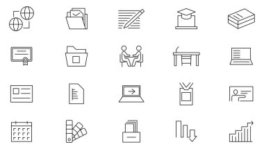 Ofis ve iş dünyası simgesi seti. İşbirliği, takım çalışması, koçluk, problem çözme, iş, para, banka, çek, hukuk, açık artırma, takas, ödeme hattı ikonu seti. İnce satır simgesi kullan.