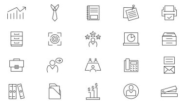 Ofis ve iş dünyası simgesi seti. İşbirliği, takım çalışması, koçluk, problem çözme, iş, para, banka, çek, hukuk, açık artırma, takas, ödeme hattı ikonu seti. İnce satır simgesi kullan.