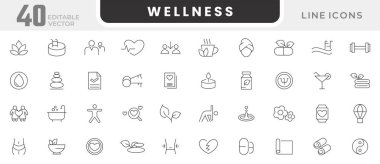 Sağlık çizgisi simgesi seti. Rahatlama, spa, uyku, yoga, sağlık, yaşam tarzı, ruhani uygulama, meditasyon, sağlık, refah, ruh sağlığı çizgisi ikonu. İnce satır simgesi kullan.