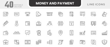 Para ve Ödeme çizgisi simgesi seti. Nakit, tasarruf, finansal hedef, kâr, döviz kuru, banka kartları, bankacılık, işlemler, ATM, satın alma, fatura hattı simgesi seti. İnce satır simgesi kullan. 