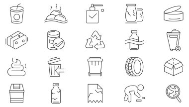 Çöp hattı simgesi seti. Plastik şişeler, geri dönüşümlü çöp, çöp kamyonu, çöp doldurma, kağıt, cam, pil, çöp öğütücü, çöp ayırma hattı ikonu seti. İnce satır simgesi kullan. 