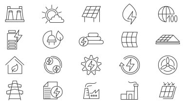 Güneş enerjisi çizgisi simgesi ayarlandı. Güneş paneli, geri dönüşümlü, gaz yakıtı, tasarruf gezegeni, akümülatör, çöp kutusu, fabrika kirliliği, eko, enerji, hücreler, ev, pil hattı ikonu seti. İnce satır simgesi kullan.