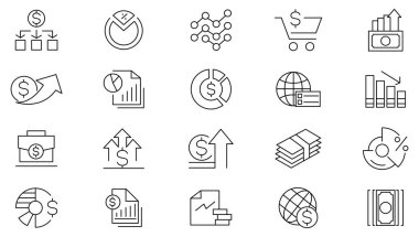 Yatırım çizgisi simgesi seti. Makine öğrenimi, dijital teknoloji, analiz, risk yatırımı, kayıpların en aza indirilmesi, planlama, düşük maliyet, nakit, tasarruf, finansal hedef, kâr çizgisi simgesi seti. Ui ince çizgi simgesi. 