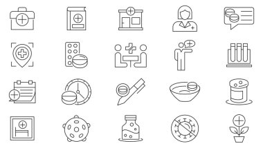 Eczane çizgisi simgesi hazır. İlaç şişesi, ilaç kutuları, laboratuvar testleri, kan bağışları, tıp konferansları, araştırma çalışmaları, farmakoloji, hastane hattı ikonu seti. İnce satır simgesi kullan.