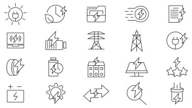 Hat simgesi yükleniyor. Şarj, pil, enerji, elektrik, şarj aleti, şarj aleti, elektrikli araba, elektrik bankası, kulaklık, kablo, sim kart ve telefon hattı simgesi seti. Ui ince çizgi simgesi.