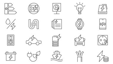 Hat simgesi yükleniyor. Şarj, pil, enerji, elektrik, şarj aleti, şarj aleti, elektrikli araba, elektrik bankası, kulaklık, kablo, sim kart ve telefon hattı simgesi seti. Ui ince çizgi simgesi.
