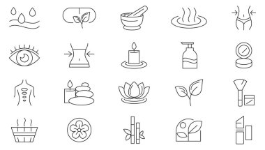 Güzellik ve Spa çizgisi simgesi seti. Yaşam tarzı, yüz, vücut bakımı, dinlenme, masaj, sauna, kozmetik, cilt bakımı, aromaterapi, tedavi, yoga hattı ikonu seti. Ui ince çizgi simgesi.