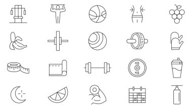 Jimnastik salonu ikonu hazır. Fitness, yoga, akıl sağlığı, yürüyüş, iz sürme, fonksiyonel eğitim, ağırlık, Dumble, meyve, vücut, kg, sağlıklı yaşam tarzı, egzersiz, diyet çizgisi simgesi.