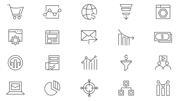 Pazarlama çizgisi simgesi seti. Dijital pazarlama. İçerik, içerik, web sitesi, sosyal medya, iletişim, reklam, e-ticaret, hedef kitle ve web sitesi simgesi setini içeriyor. İnce satır simgesi kullan.