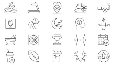 Yaşam tarzı çizgisi simgesi seti. Egzersiz, uyku, koşu, rutin, spor, beslenme, kardiyo egzersizleri, spor malzemeleri, yoga, kendine bakım, sağlık, diyet çizgisi simgesi.