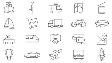 Işınlama hattı simgesi ayarlandı. İçinde arabalar, bisikletler, uçak, tren, bisiklet, motosiklet, otobüs, tren yolu, metro, ray, tramvay, tünel, seyahat, araba satıcısı, araç hattı simgesi seti var. Ui ince çizgi simgesi. 