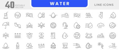 Su hattı simgesi ayarlandı. Su, maden suyu, duş, plastik şişe, Düşük ve Yüksek Gelgit, Duş, Plastik, Borular, cam, saf su, nem önleyici madde, hidrofobik çizgi ikonu. İnce inek simgesi.