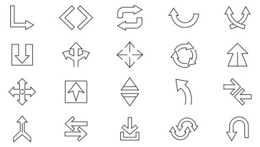 Ok çizgisi simgesi ayarlandı. Ok işaretleri, artır, azalt, yeniden boyutlandır, artır, azalt, ölçeklenebilir, döndür, imleç, bağlantı, tıkla, seç, sürükleme çizgisi simgesi seti. İnce satır simgesi kullan.