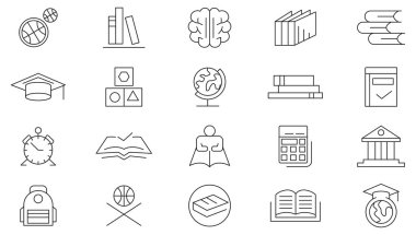 Okul çizgisi simgesi seti. Eðitim, Okul, öðrenim, akademik, öðrenciler, sinif, bilgi, öðrenme, çalýþma, başarı, görev listesi, tasarım, eðitim, fikir, öðretim hattı simgesi seti. İnce satır simgesi kullan.