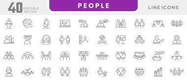 İnsan çizgisi simgesi seti. Toplum, takım çalışması, işbirliği, insan kaynakları, avatarlar, insanlar, başarı, işbirliği, işbirliği, liderlik, toplantı, yönetim, birliktelik, çizgi simgesi seti. İnce satır simgesi kullan.