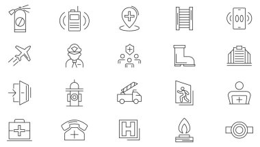 Acil hat simgesi ayarlandı. Kazalar, doğal afetler, kurtarma ekipleri, çıkış, hastane, cankurtaran, kaza, tahliye, ambulans, yardım, yardım hattı ikonu. Ui ince çizgi simgesi.