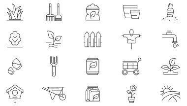 Bahçe çizgisi simgesi seti. Bitki, toprak, hasat, büyüme, botanik, çiftçilik, bahçıvanlık, gübre, tohum, filizlenme, organik, sulama, tohum hattı ikonu seti. Ui ince çizgi simgesi.