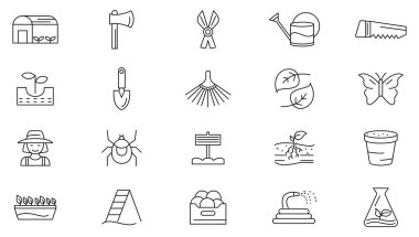 Bahçe çizgisi simgesi seti. Bitki, toprak, hasat, büyüme, botanik, çiftçilik, bahçıvanlık, gübre, tohum, filizlenme, organik, sulama, tohum hattı ikonu seti. Ui ince çizgi simgesi.