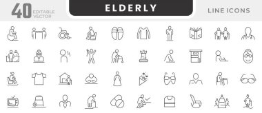 Yaşlı çizgi simgesi ayarlandı. ihtiyaçlar, bağış, katkı, hümanizm, fedakarlık, yaşlı adam, yaşlı kadın, yürüme, büyükanne ve büyükbaba, yaşlı çift, erkek, kadın, erkek, kız, doktor çizgisi ikonu. Ui ince çizgi simgesi.