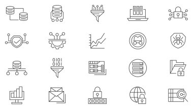 Siber güvenlik hattı simgesi ayarlandı. Koruma, spam, güvenlik, antivirüs, şifre, gizlilik, asma kilit, ağ, teknoloji, kalkan, kilit hattı simgesi seti. Ui ince çizgi simgesi.