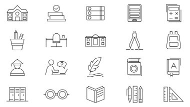 Okul çizgisi simgesi seti. Eğitim & Okul simgeleri pikseli mükemmel. Okul konuları, malzemeler, bilim, bilgi, öğretim, kitap, öğrenme, sınıf çizgisi simgesi seti. İnce satır simgesi kullan.