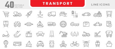 Işınlama hattı simgesi ayarlandı. Otobüs, araba, kamyon, taksi, tren, tramvay, bisiklet, motosiklet, scooter, ulaşım, araç, elektrikli araba hattı ikonu seti. İnce satır simgesi kullan.