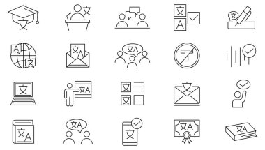 Dil çizgisi simgesi ayarlandı. Dil, çeviri, konuşma, dinleme ve konuşma, kaba, işaret, yabancı, jest, iletişim, konuşma, tartışma hattı simgesi seti. Ui ince çizgi simgesi.