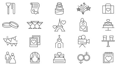 Düğün kutlaması ikonu seti. Takvim, konfeti, dekorasyon, hediye, havai fişekler, maskeler, balonlar, pasta, bilet, doğum günü, çizgi simgesi seti. Ui ince çizgi simgesi.