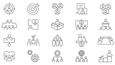 Toplum çizgisi simgesi ayarlandı. Konferans, iş toplantısı, sınıf, takım, röportajlar, işbirliği, grup, insanlar, organizasyon, işbirliği çizgisi simgesi seti. Ui ince çizgi simgesi.