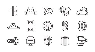 Otomobil servisi, araba tamir ikonu seti. Yedek Bileşen, Yedek Bileşen, Yedek Yedek parça, Yedek Yedek Yedek Yedek, Araba, Araç, Sistem, Enerji, Yıkama, Dükkan, Yağ, Bakım Hattı simgesi seti. İnce satır simgesi kullan.