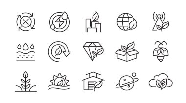 Ekoloji Çevre Çizgisi simgesi seti. Sürdürülebilir kalkınma, sürdürülebilirlik, net sıfır, iklim krizi, geri dönüşüm, elektrik, küresel ısınma, kirlilik, deprem, tsunami, asitleşme, erime hattı ikonu seti. İnce satır simgesi kullan.
