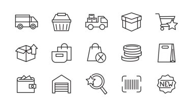 Alışveriş çizgisi simgesi seti. Süpermarket, el arabası, çevrimiçi alışveriş, ticaret, cep telefonu dükkanı, referanslar, nakliyat, satın alma, paket, sepet, çanta hattı simgesi seti. İnce satır simgesi kullan.