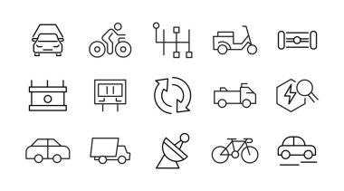 Elektrikli Araç Hattı simgesi ayarlandı. EV, elektrik soket istasyonu, araba fişi, akü, teknoloji, ev arabası şarjı, elektrik santrali, taksi, yol, yarış, otomobil hattı simgesi seti. Ui ince çizgi simgesi.