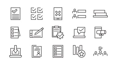 Anket çizgisi simgesi ayarlandı. Denetim, analiz, plan, değerlendirme, kalite süreci, sonuç, yeniden Wiev, geri bildirim, sınav, belge, iş yönetimi verileri, teftiş, istatistik çizgi simgesi seti. İnce satır simgesi kullan.