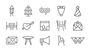 Olay Planlama Çizgisi simgesi ayarlandı. Tarih, program, yönetim, yemek servisi, kayıt, düğün, koordinasyon, davetiye, doğum günü pastası, açık büfe ikonu seti. İnce satır simgesi kullan.