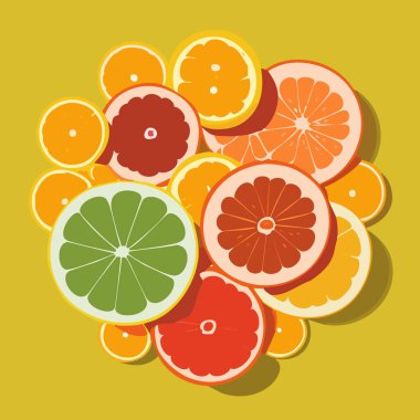 Bu canlı resim üzerinde dilimlenmiş Citrus Medley turuncu, limon ve greyfurt içeren turunçgil dilimlerinden oluşan bir koleksiyon sergiliyor, güneşli sarı arka planda ustalıkla düzenlenmiş ve örtüşen. Şey...